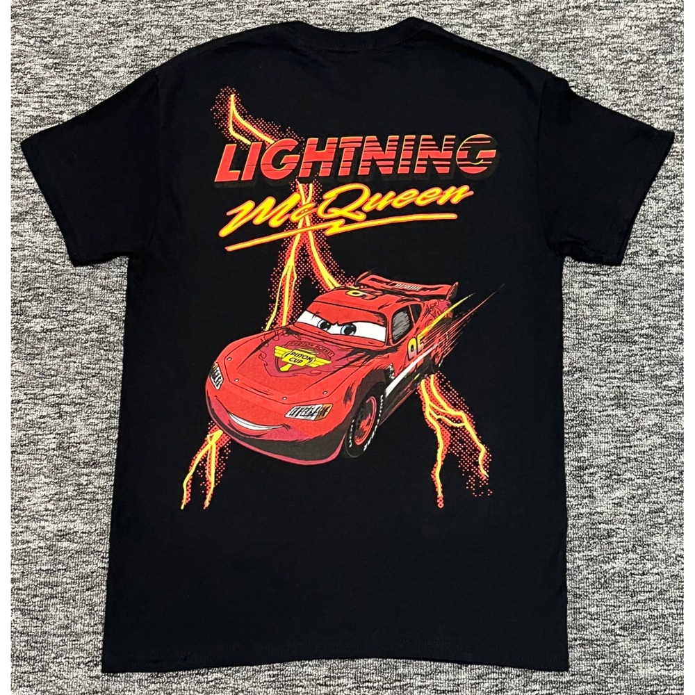 Disney Pixar Cars Lightning McQueen Black Graphic T-Shirt Mens S Double Sided